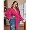 MakeMeChic-Womens-Plus-Size-Lantern-Sleeve-Deep-V-Neck-Tie-Front-Blouse-Crop-Top MakeMeChic Women's Plus Size Lantern Sleeve Deep V Neck Tie Front Blouse Crop Top Hot Pink 3XL