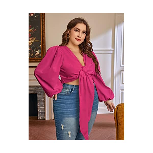 MakeMeChic-Womens-Plus-Size-Lantern-Sleeve-Deep-V-Neck-Tie-Front-Blouse-Crop-Top MakeMeChic Women's Plus Size Lantern Sleeve Deep V Neck Tie Front Blouse Crop Top Hot Pink 3XL