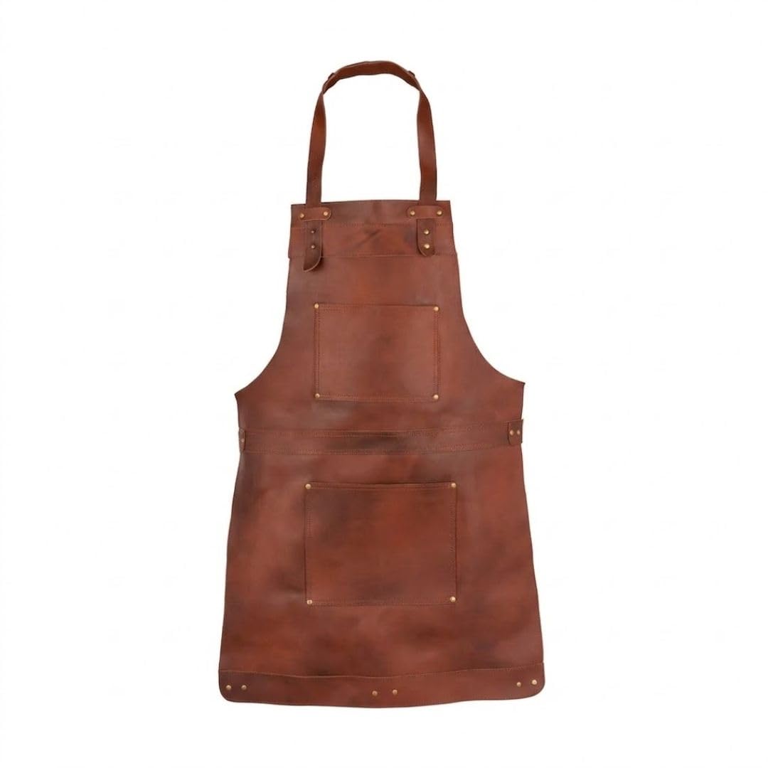 Full Grain Leather Apron Butcher, Cook, BBQ, Cooking, Wood work, Cheff, BBq Grill Gift Apron (Red Brown-748)