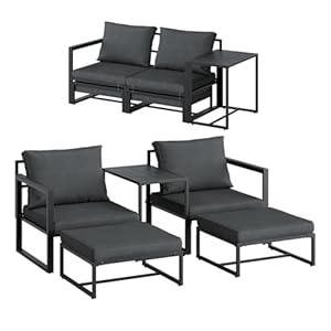 Gartenmöbel Set 5-TLG Asteri, Gartenlounge für 2-4 Personen, Balkonmöbel Set wetterfest inkl. 2 Sessel, 2 Hocker und 1 Tisch, Terrassenmöbel aus Metall mit Kissen Schwarz