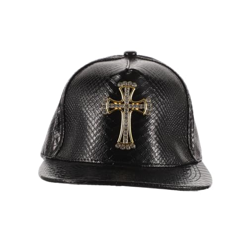 Hip Hop PU Baseball Cap with Alligator Print and Cross Decor Flat Brimmed Hat for Men and Women for Parties and for Outdoor Activities Black