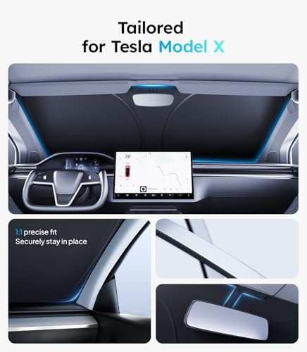Image of 2026 Upgraded Accessories Tesla Model X Windshield Sunshade [Ice Shield Tech Fabric, 100% Sun Blockage], Foldable Heat Insulation Sunshade with Storage Bag, for Tesla Model X 2016~2026, Silver Coating