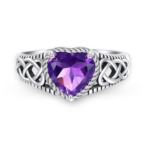 Natural Amethyst Promise Ring for Women Celtic Knot 8mm Heart Cut Amethyst Rings 925 Sterling Silver