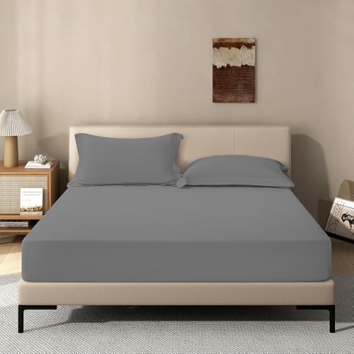 Image of Dark Grey Fitted Sheet,Twin Size Fitted Sheet with Deep Pocket 18 inch,Ultra Soft & Breathable FittedSheet Easily Fits 18 inch to 24 inch Mattress