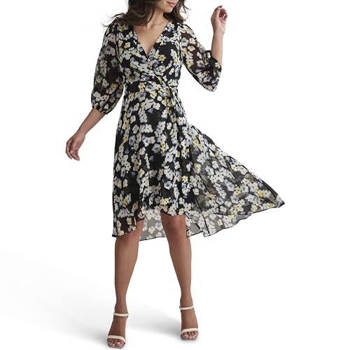 Image of DKNY Women's Chiffon Balloon Sleeve Faux Wrap Midi Dress with High-Low Hem