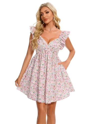 hibshaby Women's Floral Mini Dress V Neck Puff Sleeve Dress Short Babydoll Dress Sun Dress4