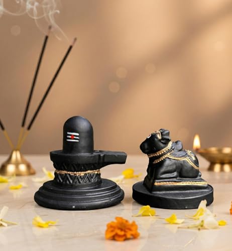 Shivling with Nandi Idol Set for Car Dashboard & Home Mandir | Black Finish Shiva Lingam with Nandi Bull | Hindu Spiritual Decor | Vastu Gift | Office & Car Interior Accessory