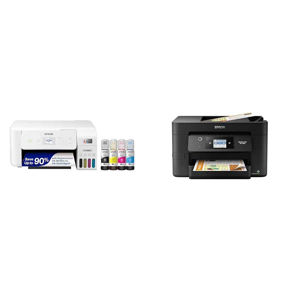 Epson EcoTank ET-2800 Supertank Printer with Scan and Copy - Ideal Basic Home Printer - White &amp; Workforce Pro WF-3823 Wireless All-in-One with Auto 2-Sided Printing