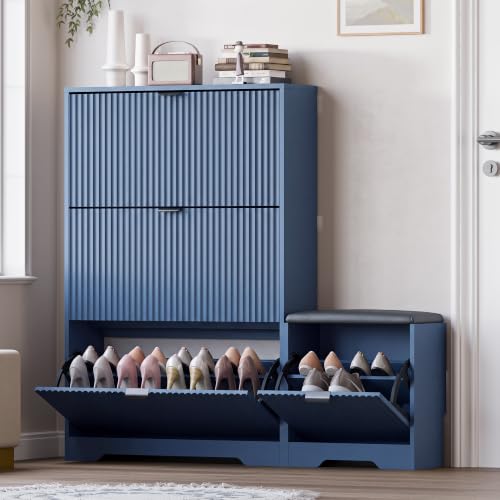 Image of BORNOON Slim Shoe Cabinet with Bench for Entryway, Hidden Storage and Adjustable Shelves, Free Standing Wooden Shoes Organizer for Hallway, Foyer