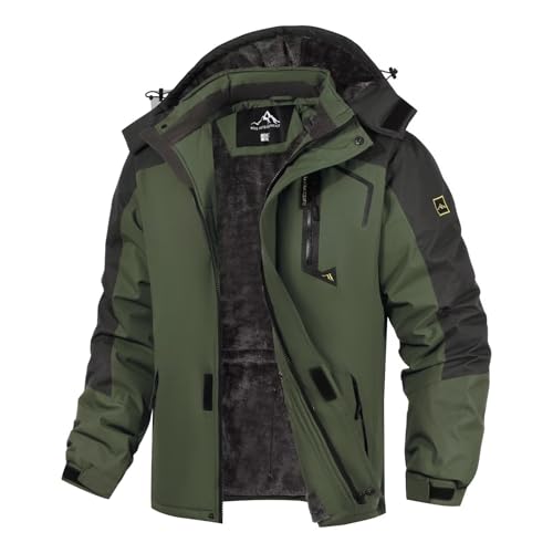 Image of PrimeCrest Fleece Jacket Mens Hiking Waterproof Ski Parka Winter Windbreaker Tactical Work Military Jacket Warm Puffer Jacket with Hood Thermal Thick Snow Outdoor Coats ArmyGreen 2XL