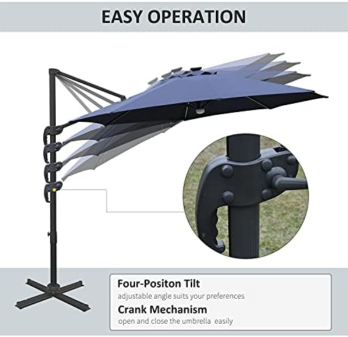 Outsunny 3(m) Cantilever Roma Parasol Garden Sun Umbrella Outdoor Patio with Crank & Tilt Aluminum Frame LED Solar Light Cross Base 360° Rotating