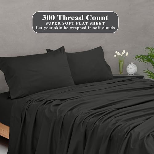 Image of Royale Linens 300 Thread Count 100% Long Staple Combed Cotton Flat Sheet - Super Soft - Top Sheets - Full Flat Sheet Sold Separately - Breathable, Cool & Crisp Percale Sheets Only (Twin XL, Black)