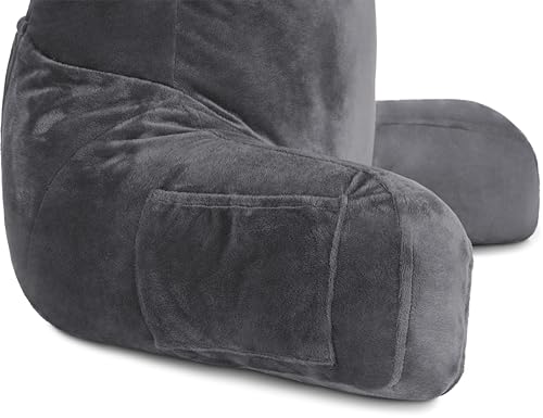 Image of Husband Pillow Dark Grey, Standard+ Original Reading Pillow in Bed Rest Chair, Shredded Memory Foam Large Lounge Cushion Adult Backrest w /Arms, Comfy Back Support for Sit Sitting Up, Removable Cover