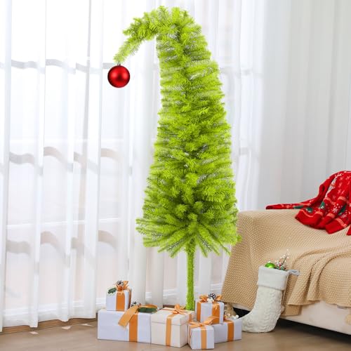 Motionchic Lime Green Christmas Tree July Christmas Decoration Whimsical Curved Plastic Tree with Red Ball Top Artificial Xmas Tabletop Home Cloth Bag Base Wrapped for Indoor Desktop Decorating(5 FT)