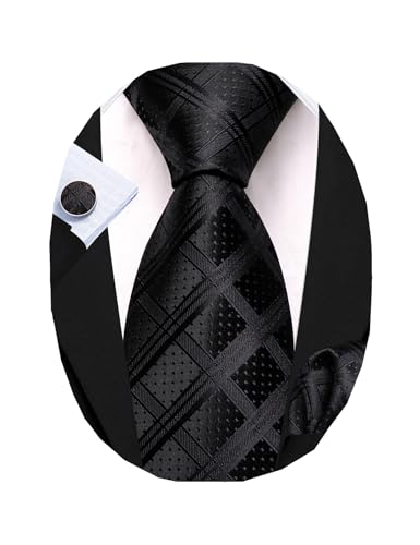 Image of Barry.Wang Designer Classic Ties for Men Set Formal Pocket Square Cufflink Check Plaid