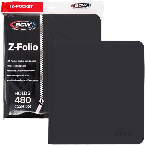 BCW 12-Pocket Zipper-Folio LX Trading Card Binder (Black) | Card Collection Binder with 480 Card Capacity | Archival Safe Pages | Secure Wrap-Around Zipper | Pocket Trading Card Holder Album