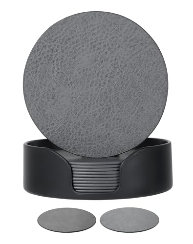 Leetaltree Reversible Leather Coasters Set of 12 with Holder 4 Round Waterproof Heat-Resistant Non-Slip Cup Mats for Coffee Table Bar & Dining Room