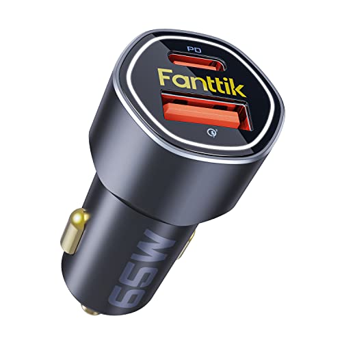 Fanttik 65W USB C Car Charger, Dual Port Fast Charging Car Adapter with PD3.0 QC3.0 Compatible with iPhone 14/14 Pro/13/13 Pro/13 Pro Max, Macbook Air, Samsung Galaxy S20/10, Pixel, iPad Air and More
