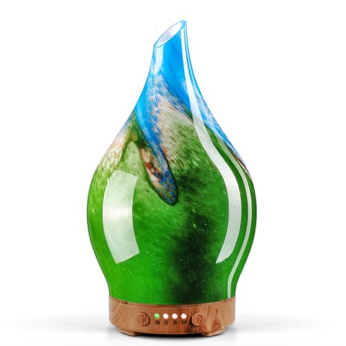 Porseme Difusor de aroma de 100ml,Difusor de vidrio soplado a mano para aceites esenciales, humidificador con temporizador,Vapor frío ultrasónico, silencioso, 7tipos de LED para el hogar (Hierba azul)