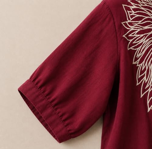 Image of RIEKA Women's Embroidered Top for Women, Maroon V Neck Rayon, 3 /4 Sleeve Casual Loose Fit Tunic, Boho Blouse for Women, Korean Style