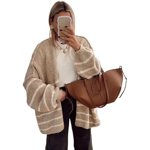Bankeng Women's Oversized Striped Cardigan Sweaters Fall Long Lantern Sleeve Knit Open Front Lightweight Sweater(Khaki,M) Cover