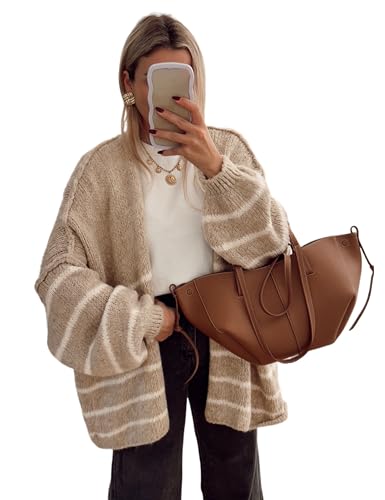 Bankeng Women's Oversized Striped Cardigan Sweaters Fall Long Lantern Sleeve Knit Open Front Lightweight Sweater
