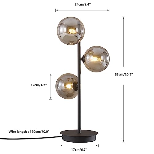 Image of Mid Century Modern Table Lamp, Black 3 Light Reading Lamp with Smoky Grey Glass Shade, Bedside Lamp for Bedroom Living Room Study Room
