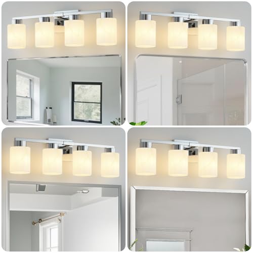 Image of 4-Light Bathroom Light Fixtures, Modern Vanity Lights, Chrome Metal Wall Lamp with White Marble Glass for Bathroom, Mirror, Living Room, Bedroom, Cabinet, Porch, Hallway, E26 Base