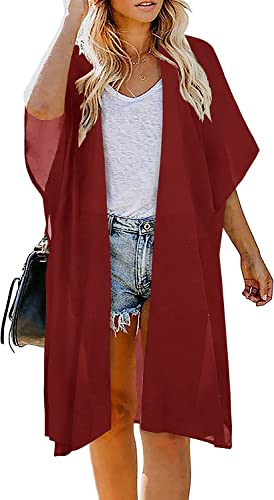 Image of Indian Trendy Women's Solid Puff Sleeve Kimono Long Cardigan Loose Cover Up Casual Blouse Top Chiffon