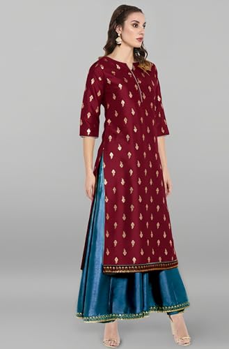 Image of Janasya Womens Silk Blend Gold Printed Layered Ethnic Dress with Inner