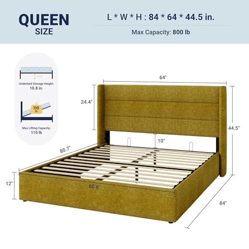 Image of Allewie Queen Size Lift Up Storage Bed, Modern Wingback Headboard, Hydraulic Support, No Box Spring Needed, Olive Yellow