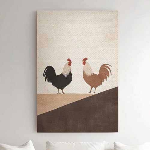 Tableau abstrait de coqs fresque minimaliste animaux ferme salon 70x100