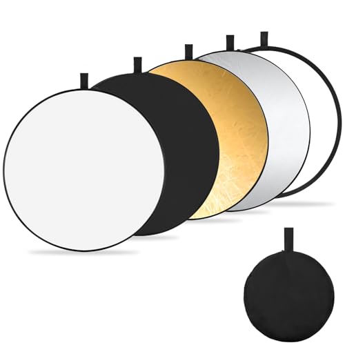 K&F CONCEPT 5-in-1 Reflektor Fotografie-Kit, Faltreflektor mit Aufbewahrungstasche (110 cm), Durchscheinend, Silber, Gold, Weiß und Schwarz Runde Reflektoren für Fotografie