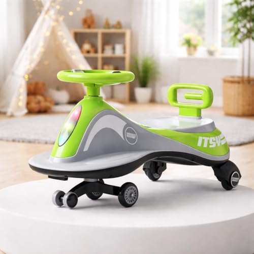 Image of Baybee Pluto Baby Swing Cars for Kids | Twister Ride on Baby Car with Led Lights, Music & Scratch Free PP Wheels | Push Ride on Toy Kid Car | Magic Cars for Kids 3 to 8 Years Boy Girl (Green)