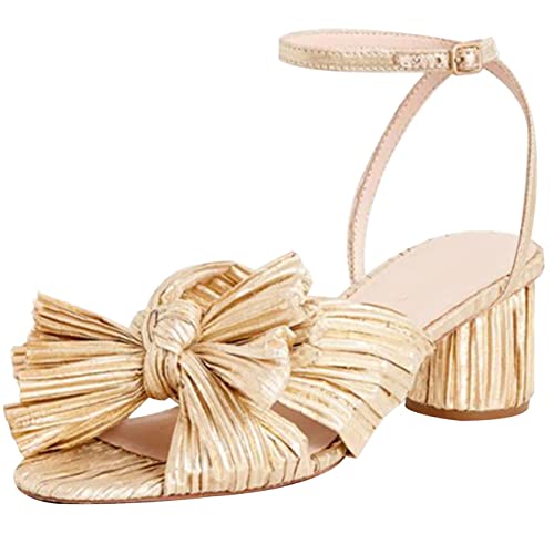 MICIFA Women's Bow Knot Heeled Sandals Open Toe High Block Ankle Strap Chunky Heels Bride Wedding Shoes