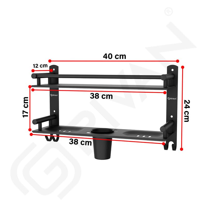 GRIVAN 5 in 1 Heavy-Duty Stainless Steel Bathroom Shelf Racks with Dual Soap Holder,Toothbrush Holder and Tumbler for Bathroom Accessories and Fittings (Black Matte) (Image - 2)