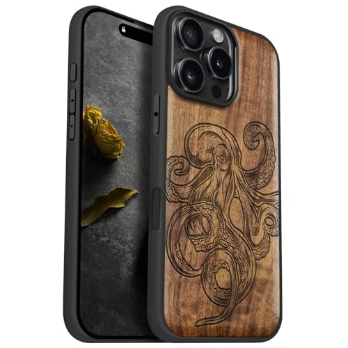 Carveit Wood Case for iPhone 16 Pro Max, Octopus Drawing, Walnut