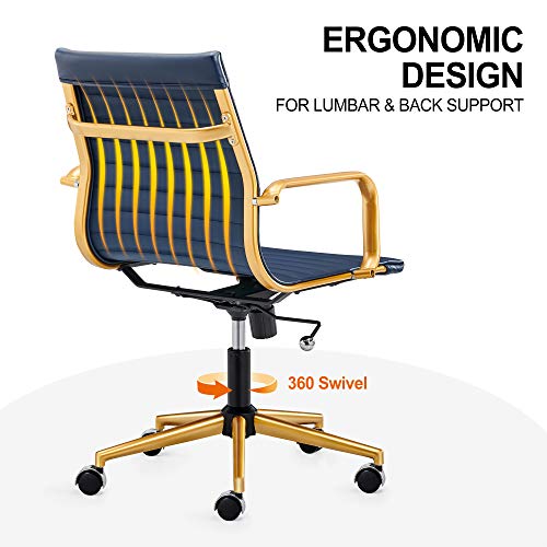 Luxmod Gold Office Chair In Blue Leather, Mid Back Office Chair With Armrest, Gold And Blue Ergonomic Desk Chair For Back & Lumbar Support, Modern Executive Chair - Blue… #TOP5
