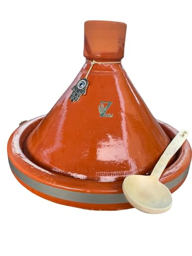Tajine marroquí tradicional - 30 cm de ancho x 25 cm de altura - con accesorios incluidos - difusor de calor + soporte de protección + pequeño cucharón - cocina artesanal