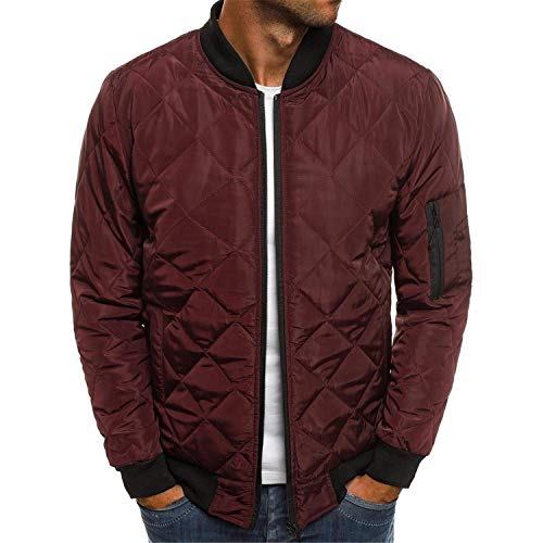 Mens Bomber Jacket Varsity Diamond Quilted Lightweight Windbreaker Softshell Flight Jackets Fall Winter Coats Outwear (Red Wine,Medium)