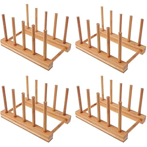 YWSHF 4 PCS Bamboo Wooden Dish Rack Dishes Drainboard Drying Drainer Storage Holder Stand Kitchen Cabinet Organizer for Dish/Plate/Bowl/Cup/Pot Lid/Book Cover