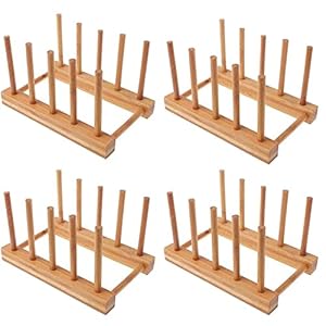 YWSHF 4 PCS Bamboo Wooden Dish Rack Dishes Drainboard Drying Drainer Storage Holder Stand Kitchen Cabinet Organizer for Dish/Plate/Bowl/Cup/Pot Lid/Book