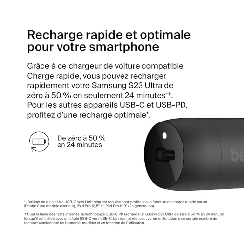 Belkin Chargeur de voiture 1 port USB C sur prise allume cigare avec câble USB C - vue 7