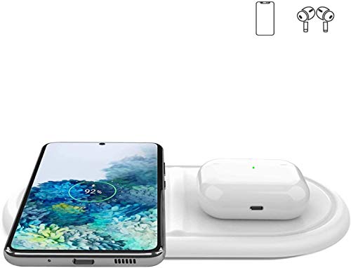 Kdely 2 en 1 Cargador Inalambrico Rápida 10W para Samsung Galaxy S20/S10/Note 20/10 y Qi Carga Inalámbrico 7.5W para iPhone SE 2020/11 Pro MAX/XS Max/XR/X/8P/Airpods Pro/Huawei P40 Pro/Galaxy Buds
