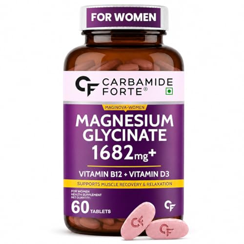 Image of Carbamide Forte Magnesium Glycinate for Women 1682mg | Magnesium supplement for women with Vitamin D3 & B12 | High Absorption Formula For Muscle Recovery, Sleep & Bone Health | 60 Veg Tablets