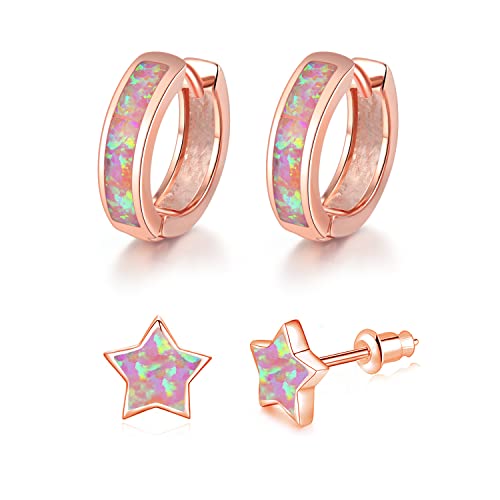 CiNily 2 Pairs Rose Gold Plated Opal Hoop Earrings & Star Studs for Women