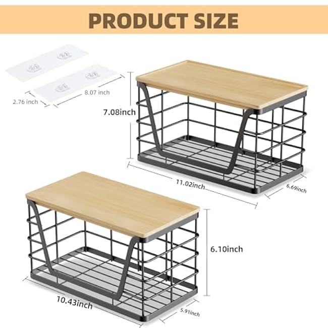 2 Pack Storage Stackable Kitchen Laundry Organizers, Wall Mount Large Trash Bag Holder with Bamboo Top, Standard Garbage Bag Dispenser, No Drill Required