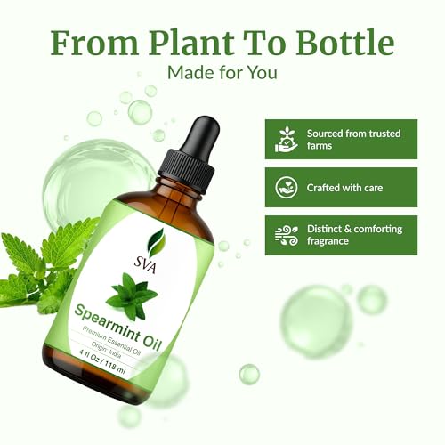 Image of SVA Spearmint Essential Oil, Glass Bottle with Dropper, 4 Fl Oz (118 ml) | Spearmint Essential Oil for Diffuser, Room Spray, Skin Care, Hair Care, Massage, Soap Making, Candle Making, Fragrance & DIY