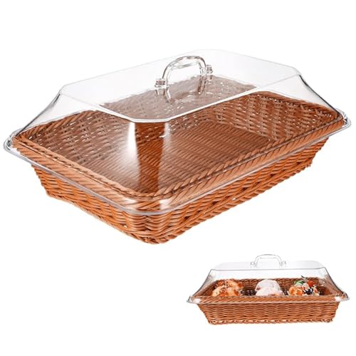 Cesta de mimbre de imitación rectangular tejida a mano con tapa para fruta y pan 6
