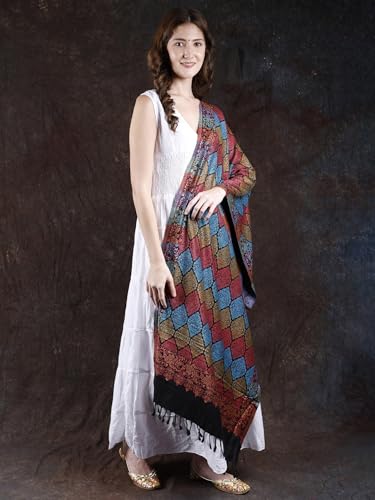 Black-Onyx Rayon Stole from Punjab with Woven Multicolor Parsi Design2